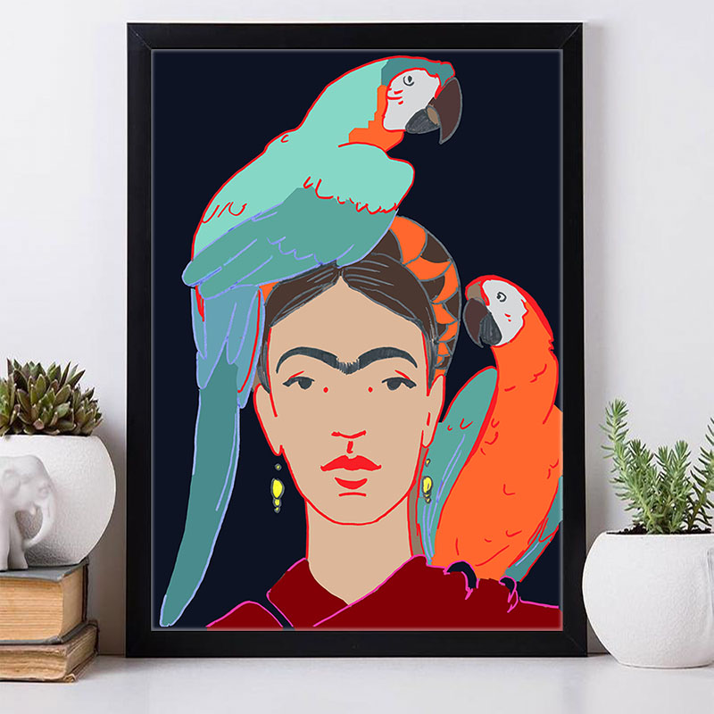 Frida Kahlo and Two Parrots