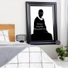 Black and white map in black frame in trendy bedroom interior wi